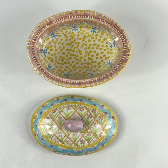 Vintage MacKenzie-Childs Summer Frock Chowder Bowl With Lid 7"x5"x5" Terracotta - Picture 4 of 12
